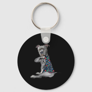 I Love Mum Funny Pitbull Dog Tattoo Flower Mothers Key Ring
