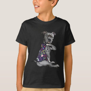 I Love Mum Funny Pitbull Dog Tattoo Flower Mothers T-Shirt