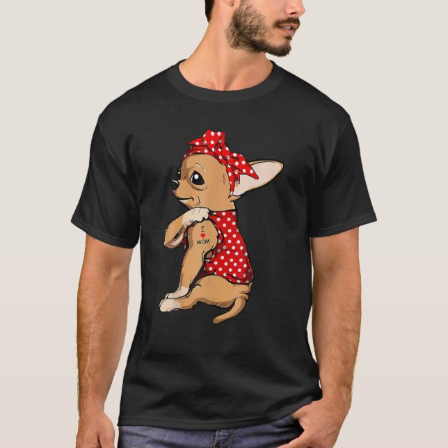 I Love Mum Tattoo Funny Chihuahua Dog Wearing Band T-Shirt (Front)