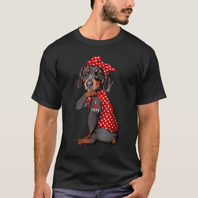 I Love Mum Tattoo Funny Dachshund Dog Wearing Band T-Shirt (Front)