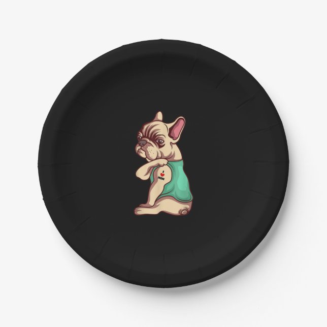 I Love Mum Tattoo Lover Funny French Bulldog Gift Paper Plate (Front)