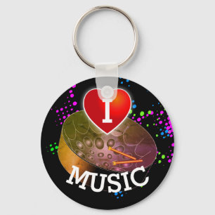 I Love Music with Heart and Pan   Black Background Key Ring