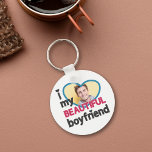 I love my beautiful boyfriend custom photo key ring<br><div class="desc">This lovely keychain is the ideal gift for any boyfriend or girlfriend in love on occasions such as Valentine's day or anniversaries. The caption reads "I love (heart) my BEAUTIFUL boyfriend" in black and dark pink modern fonts. Easily personalizable by adding a custom photo in a big heart-shaped blue frame....</div>