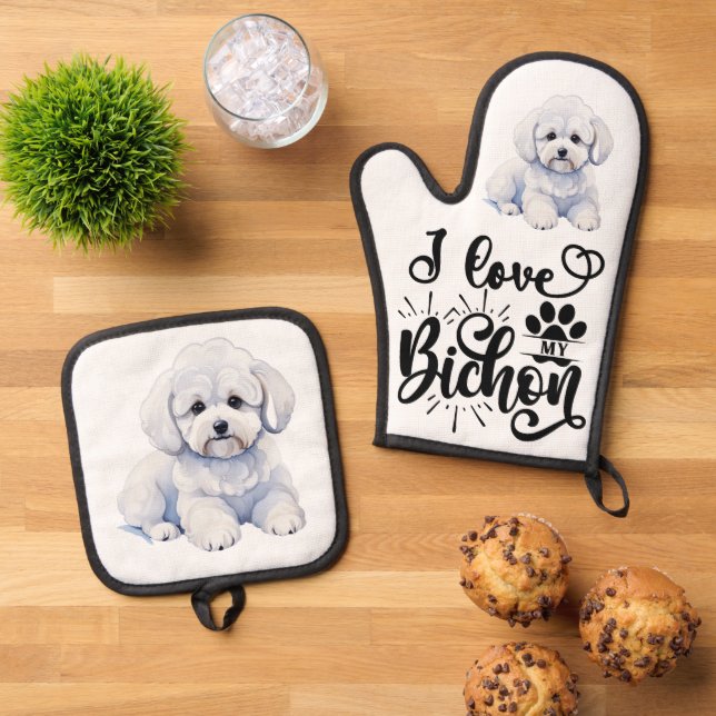 I Love My Bichon Oven Mitt & Pot Holder Set (Top Down)