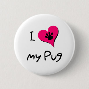 I Love My Black Pug Paw Print on Pink Heart 6 Cm Round Badge