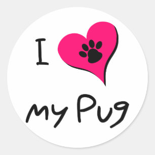 I Love My Black Pug Paw Print on Pink Heart Classic Round Sticker