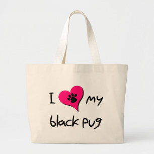 I Love My Black Pug Paw Print on Pink Heart Large Tote Bag