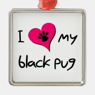 I Love My Black Pug Paw Print on Pink Heart Metal Tree Decoration