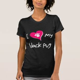 I Love My Black Pug Paw Print on Pink Heart T-Shirt