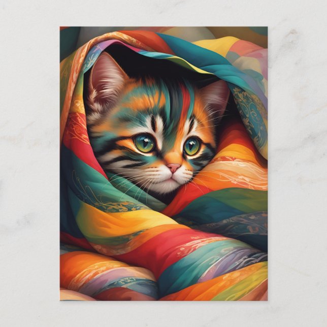 I Love my Blanket! Rainbow Tabby Cat Postcard (Front)