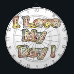 I Love My Boy Design Cool Vintage Collection Text Dartboard<br><div class="desc">I Love My Boy Design Cool Vintage Collection Text Art Print Introducing the "I Love My Boy Design Cool Vintage Collection Text Art Print, " a heartfelt piece that celebrates the affection for a son or male child. The phrase "I Love My Boy!" is prominently displayed in the centre, featuring...</div>