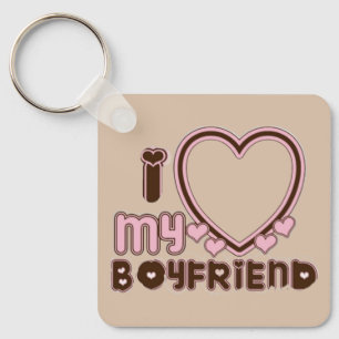 I Love My Boyfriend Heart Brown Pink Keychain