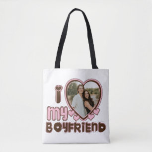 I Love My Boyfriend Heart Brown Pink Tote Bags