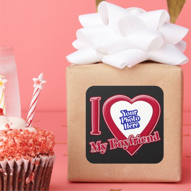 I Love My Boyfriend Photo Red Heart Black Square Sticker (Party)