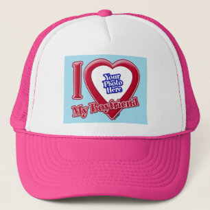 I Love My Boyfriend Photo Red Heart Blue Horizon Trucker Hat