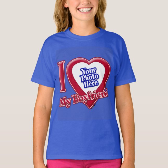 I Love My Boyfriend Photo Red Heart D R Blue T-Shirt (Front)