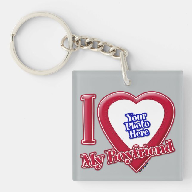 I Love My Boyfriend Photo Red Heart Grey Key Ring (Front)