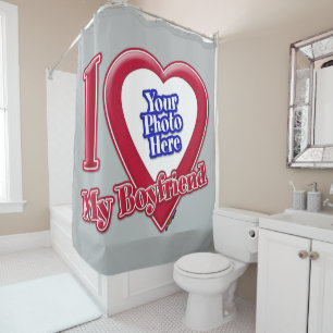 I Love My Boyfriend Photo Red Heart Grey Shower Curtain