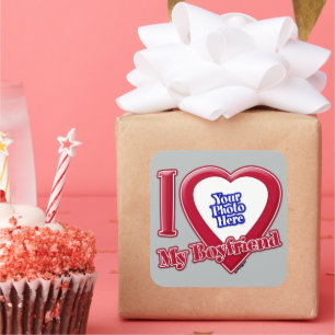 I Love My Boyfriend Photo Red Heart Grey Square Sticker