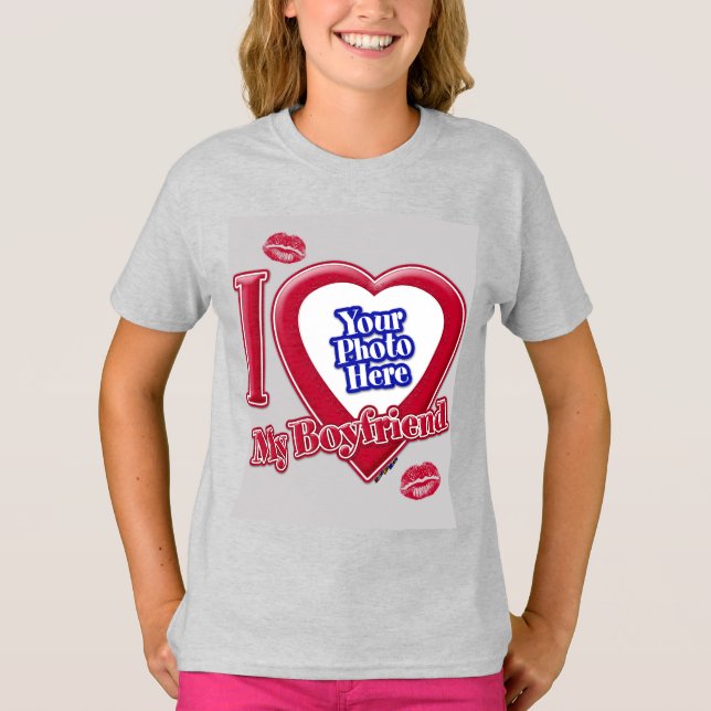 I Love My Boyfriend Photo Red Heart Kiss Grey T-Shirt (Front)