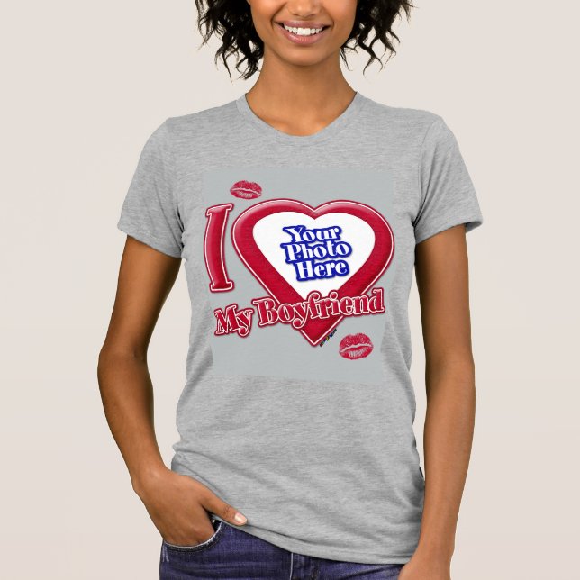 I Love My Boyfriend Photo Red Heart Kiss Grey T-Shirt (Front)