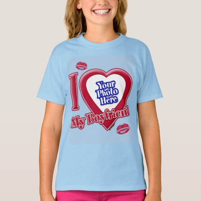 I Love My Boyfriend Photo Red Heart Kiss Light Blu T-Shirt (Front)