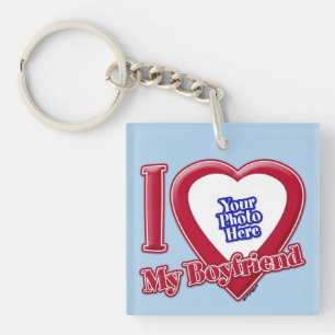 I Love My Boyfriend Photo Red Heart Light Blue Key Ring