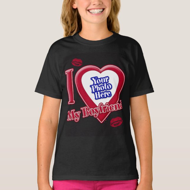 I Love My Boyfriend Photo Red Heart Lips Black T-S T-Shirt (Front)
