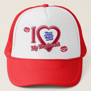 I Love My Boyfriend Photo Red Heart Lips Trucker Hat