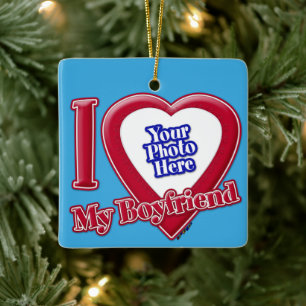 I Love My Boyfriend Photo Red Heart Teal Ceramic Ornament