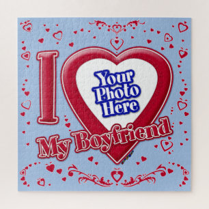 I Love My Boyfriend Photo Red Hearts Baby Blue Jigsaw Puzzle