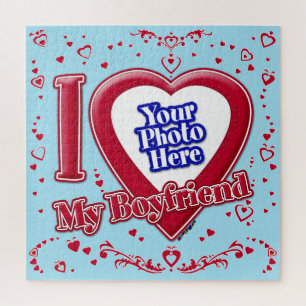 I Love My Boyfriend Photo Red Hearts Blue Horizon Jigsaw Puzzle
