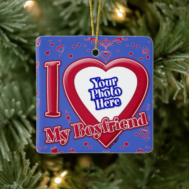 I Love My Boyfriend Photo Red Hearts Deep Royal Bl Ceramic Ornament (Tree)