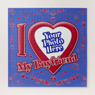 I Love My Boyfriend Photo Red Hearts Deep Royal Bl Jigsaw Puzzle