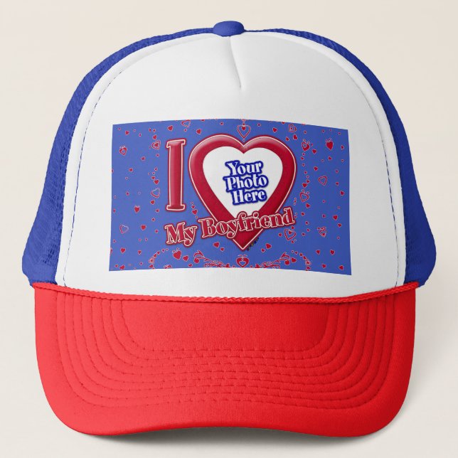 I Love My Boyfriend Photo Red Hearts Deep Royal Bl Trucker Hat (Front)