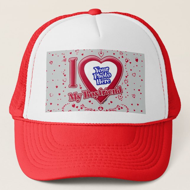 I Love My Boyfriend Photo Red Hearts Grey Trucker Hat (Front)
