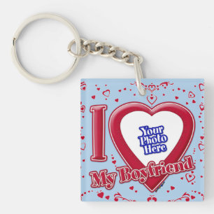 I Love My Boyfriend Photo Red Hearts Light Blue Key Ring