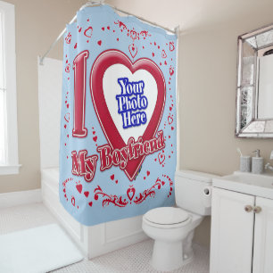 I Love My Boyfriend Photo Red Hearts Light Blue Shower Curtain
