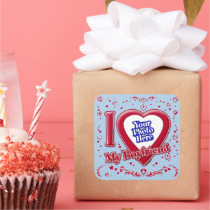 I Love My Boyfriend Photo Red Hearts Light Blue Square Sticker