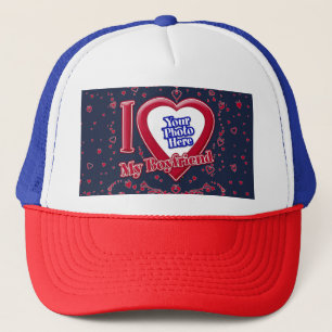 I Love My Boyfriend Photo Red Hearts Navy Trucker Hat