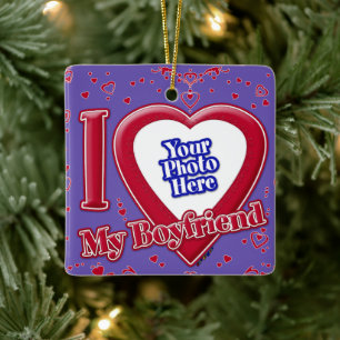 I Love My Boyfriend Photo Red Hearts Purple Ceramic Ornament