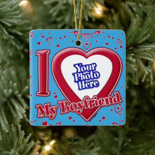 I Love My Boyfriend Photo Red Hearts Teal Ceramic Ornament