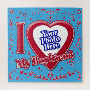I Love My Boyfriend Photo Red Hearts Teal Jigsaw Puzzle
