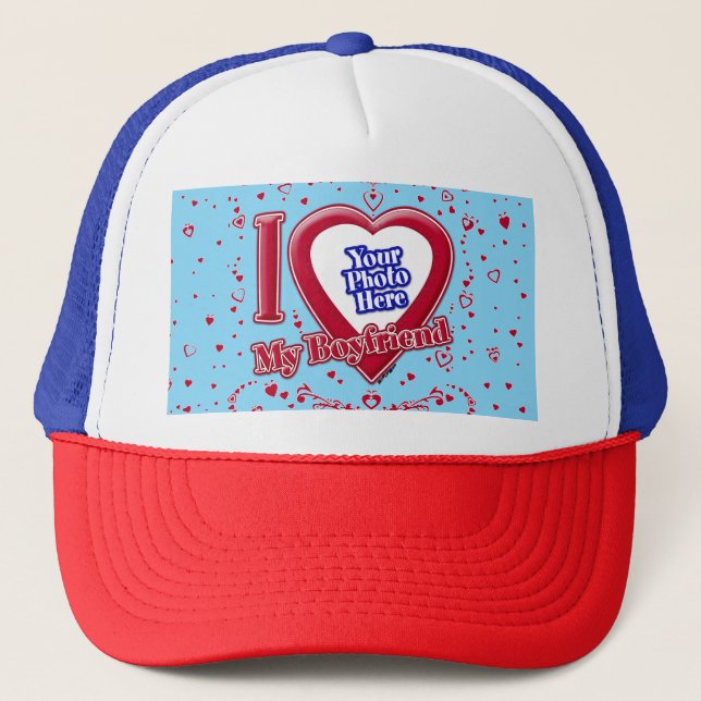 I Love My Boyfriend Photo Red Hearts Turquoise Trucker Hat (Front)