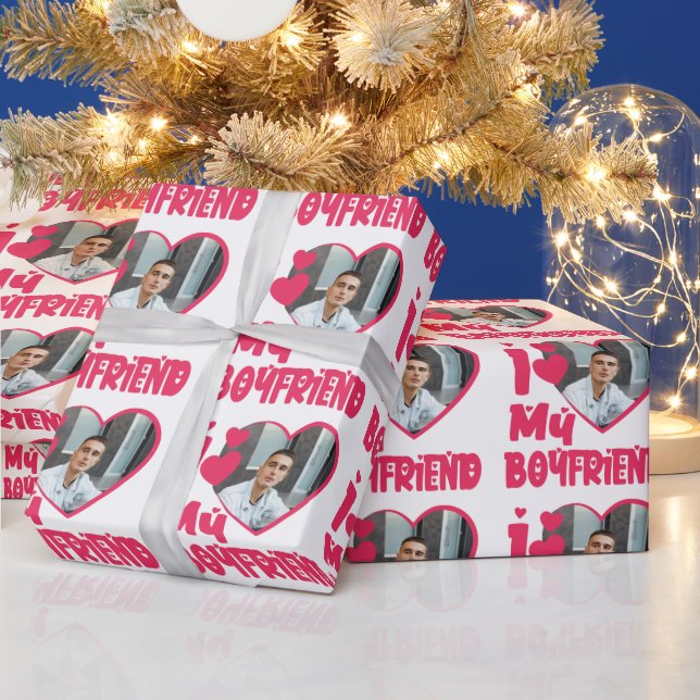 I Love My Boyfriend Red Heart Custom Photo  Wrapping Paper (Holidays)