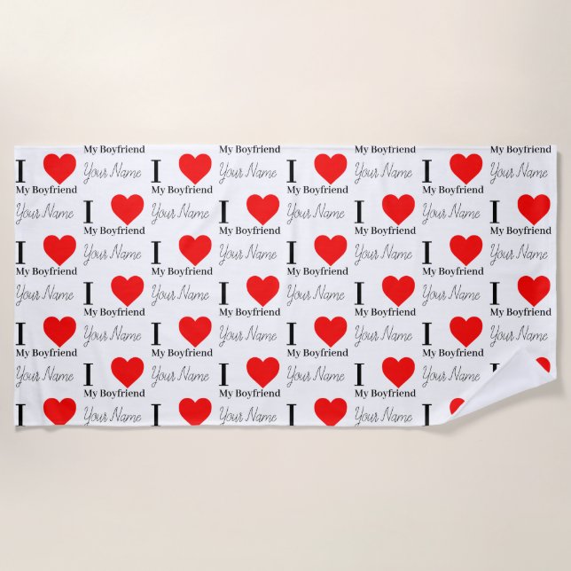 I love My Boyfriend & Red Heart Personalised  Beach Towel (Front)