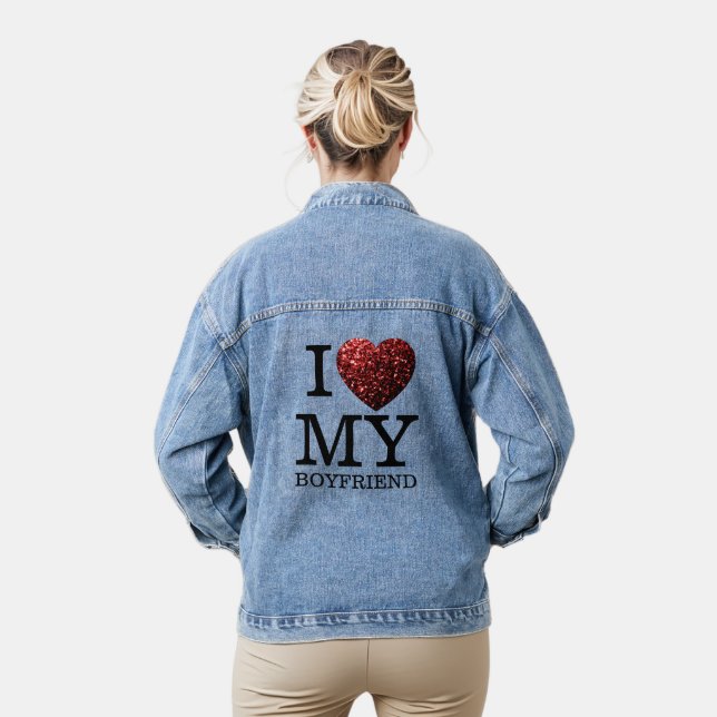 I love my boyfriend sparkles heart Valentine day Denim Jacket (Model)