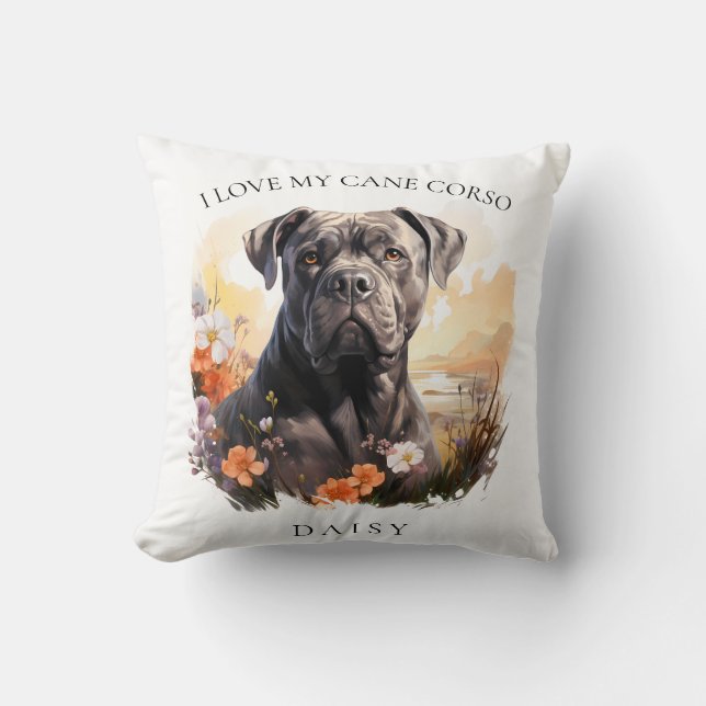 I Love My Cane Corso Floral Dog Portrait Cushion (Front)