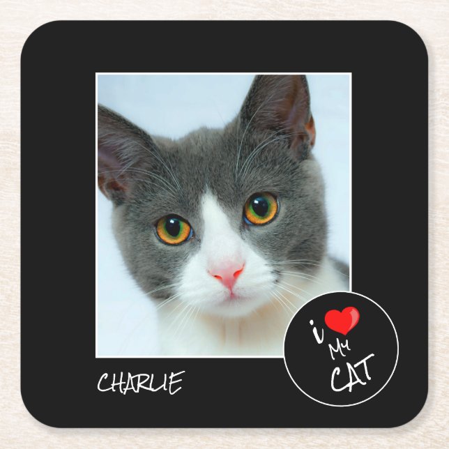 I Love My Cat, Custom Photo – Pet Lovers Square Paper Coaster (Front)