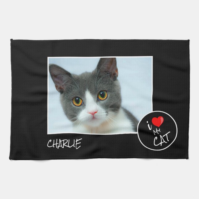 I Love My Cat, Custom Photo – Pet Lovers Tea Towel (Horizontal)
